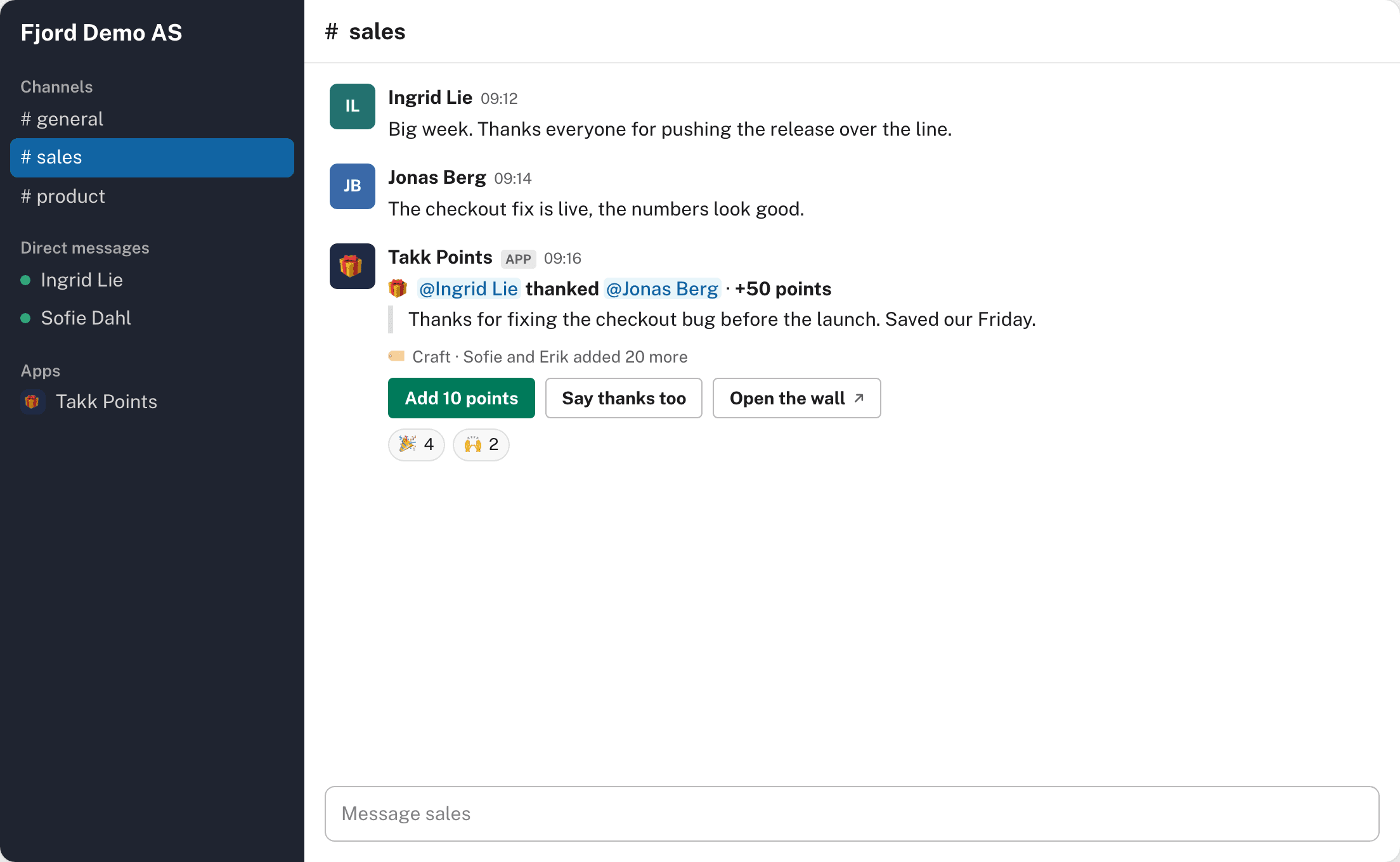 Et takk i en kanal i Slack